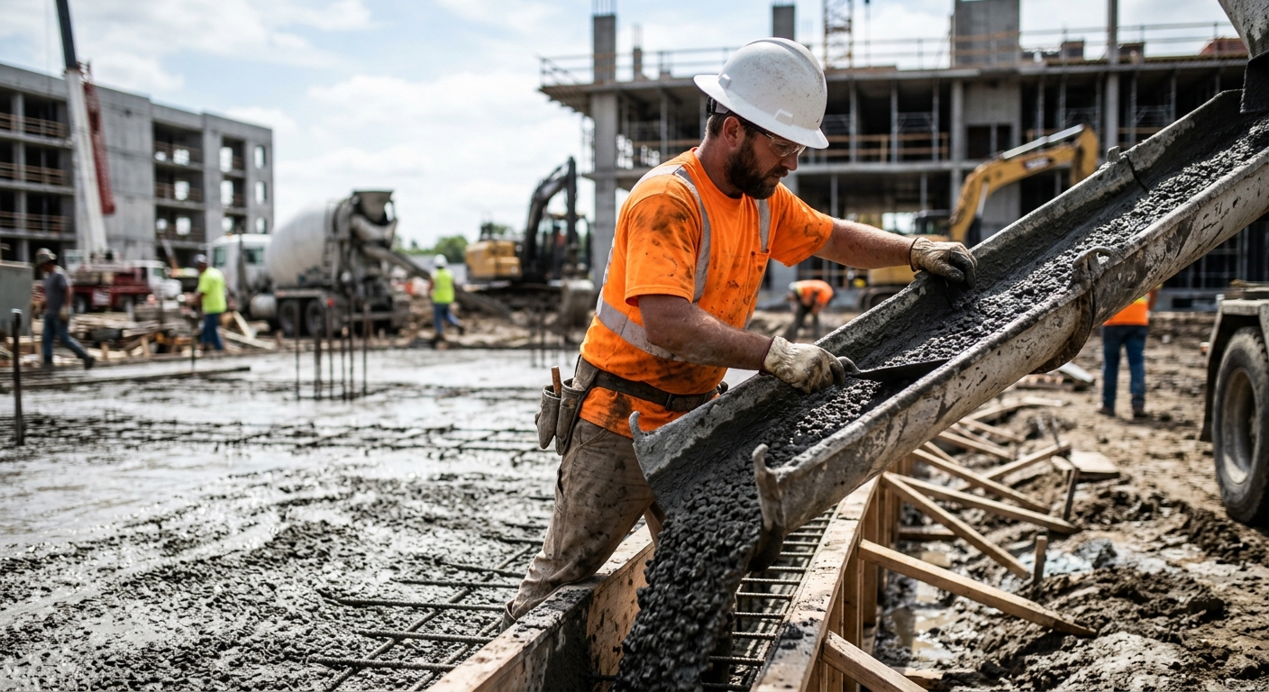 Construction worker guiding wet concrete down a chute on site