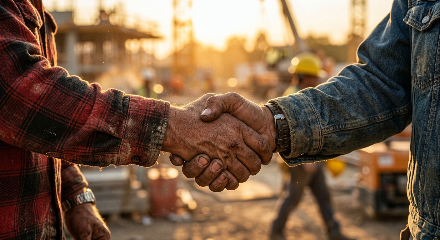 Two construction workers shaking hands on site