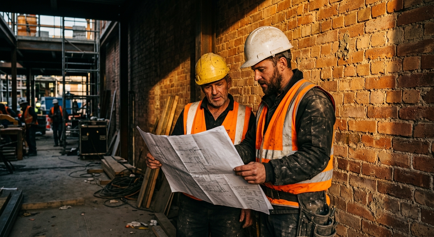 Two Ironvale workers in hi-vis vests reviewing a blueprint against a brick wall