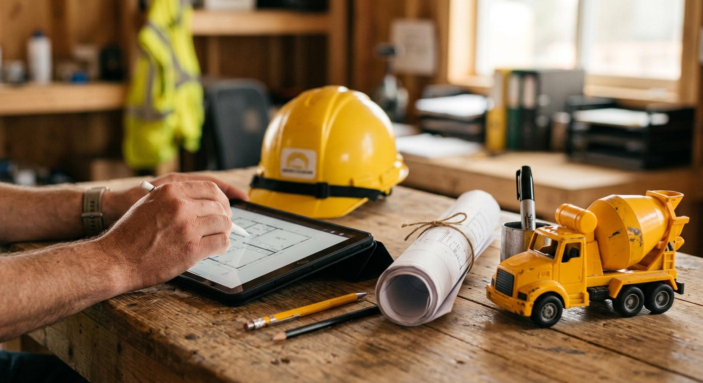 Blueprints, hardhat and tools on a desk