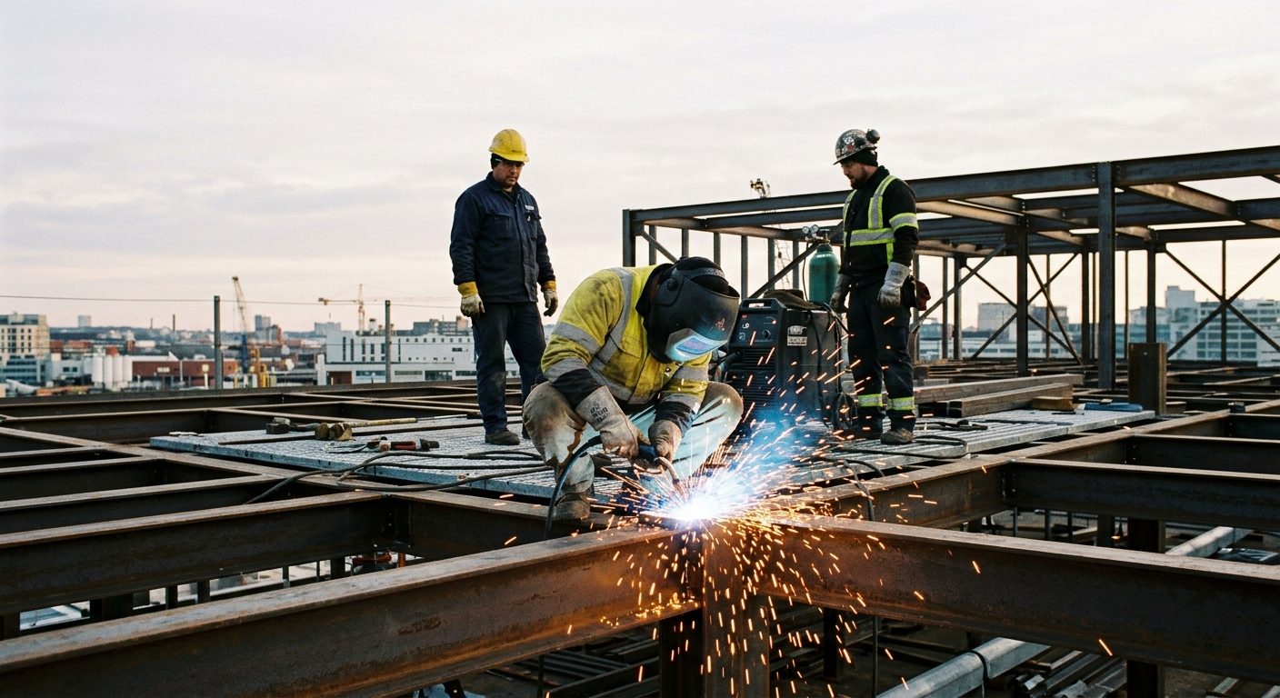 Ironvale welder finishing a structural steel joint on a plant build
