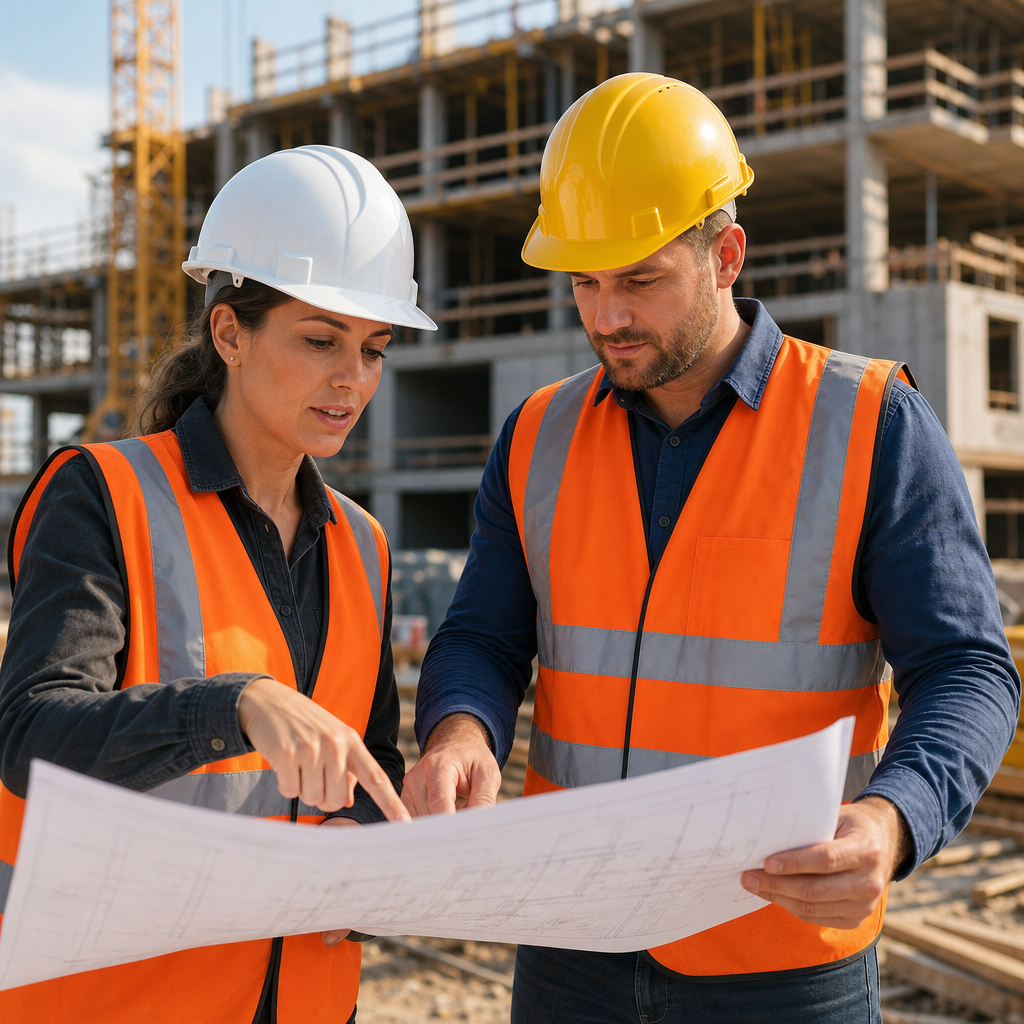 Two Renholt supervisors reviewing blueprints on an active site