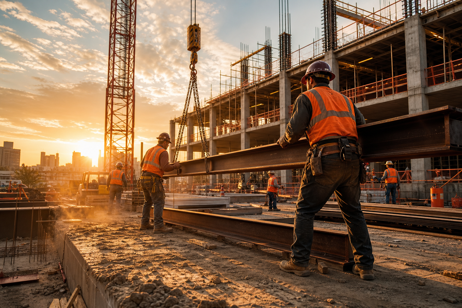 Renholt crew moving steel on an active construction site