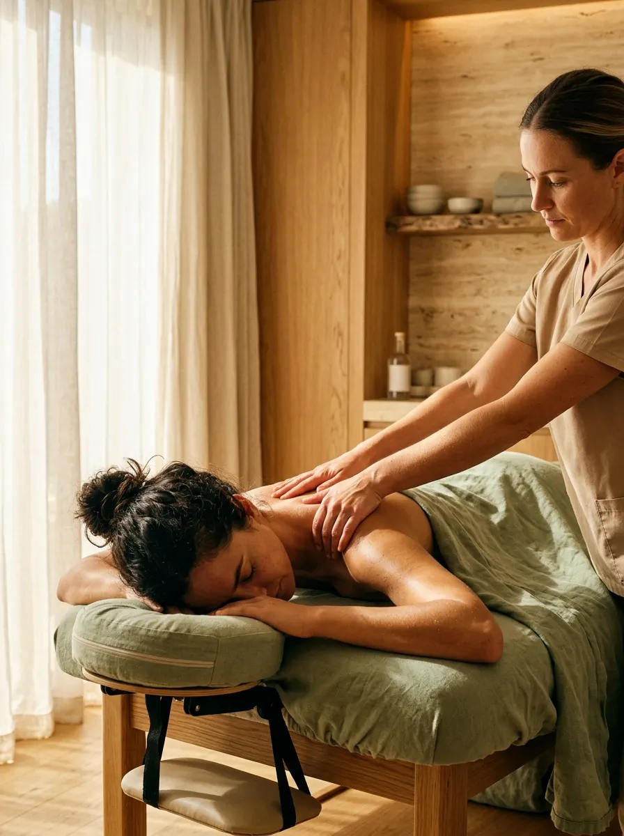 Therapist working on a guest's shoulders over sage linen