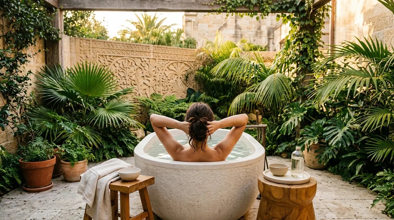 Guest relaxing in a stone tub in the planted courtyard
