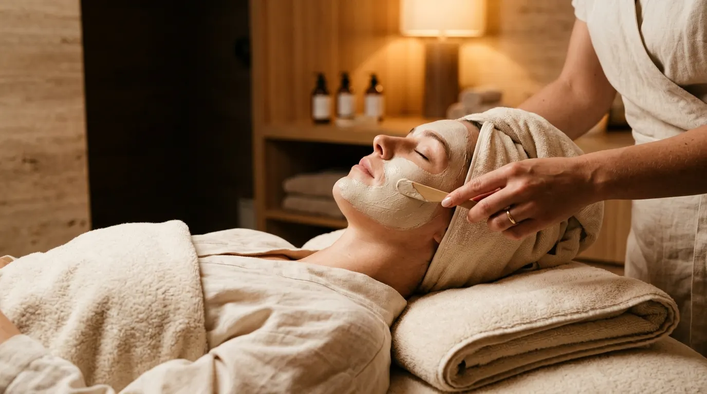 Guest resting with eyes closed while a clay mask is smoothed along her cheek
