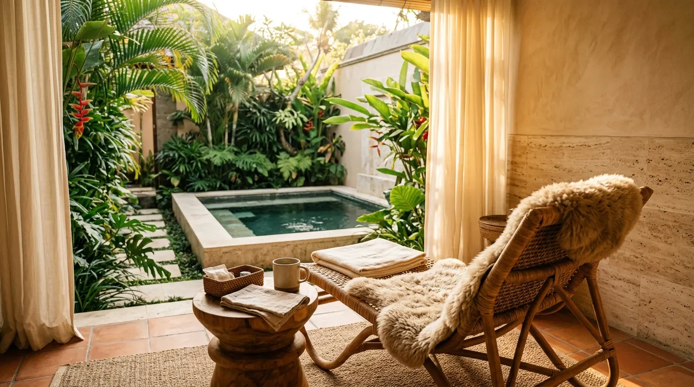Courtyard lounge with a rattan chair and a small plunge pool