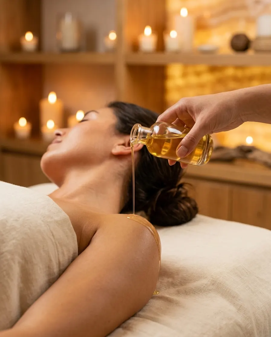 Warm oil poured from a small glass bottle during a treatment