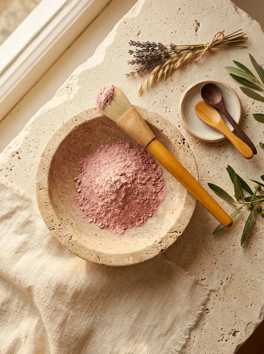 Pink clay powder in a stone bowl with a mask brush