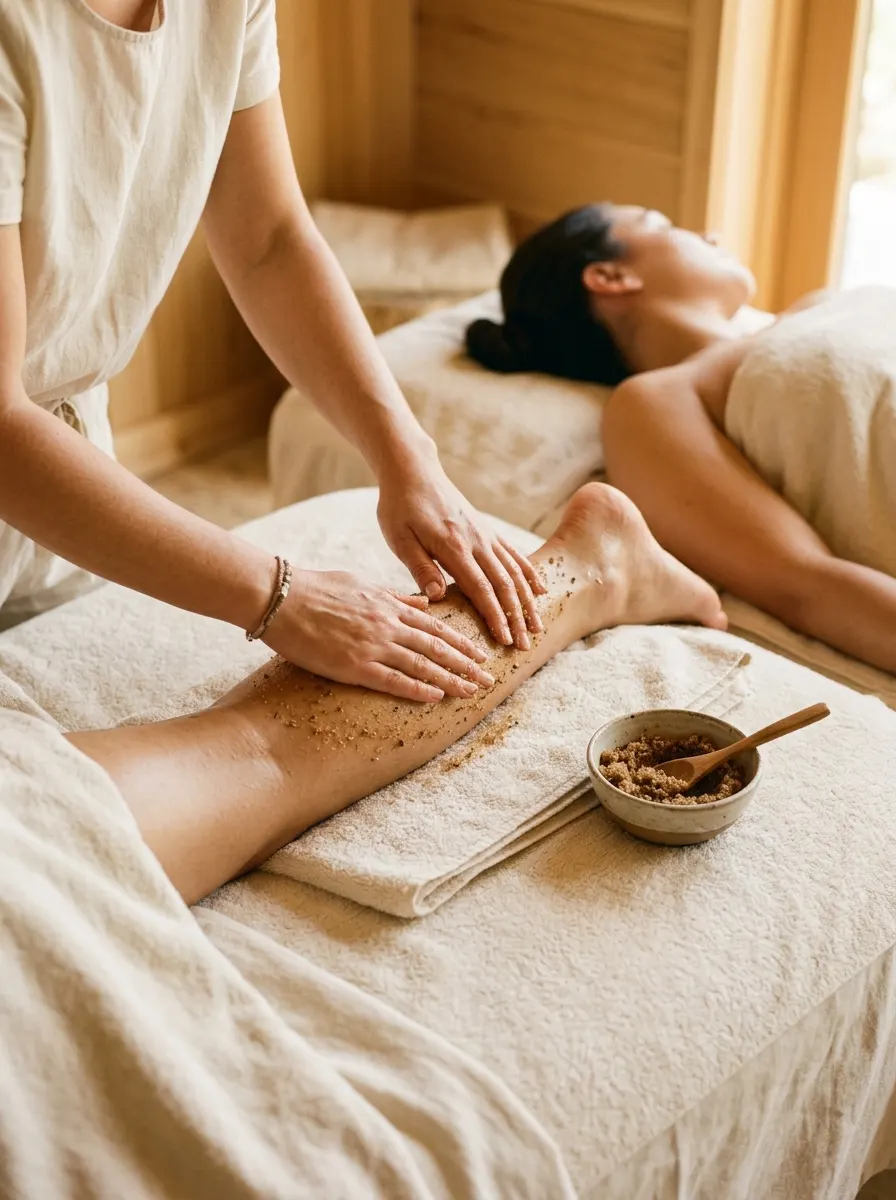 Therapist smoothing brown sugar scrub along a guest's lower leg