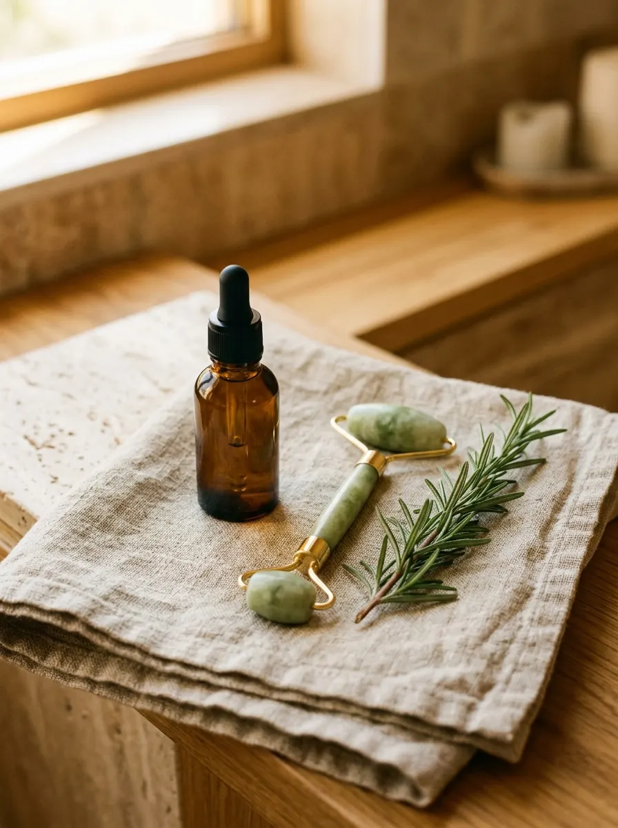 Unlabeled amber dropper bottle beside a jade face roller on linen