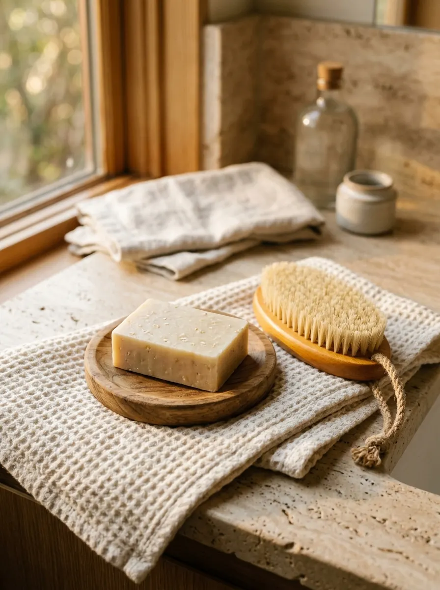 Plain oat soap bar on a teak dish with a bristle body brush