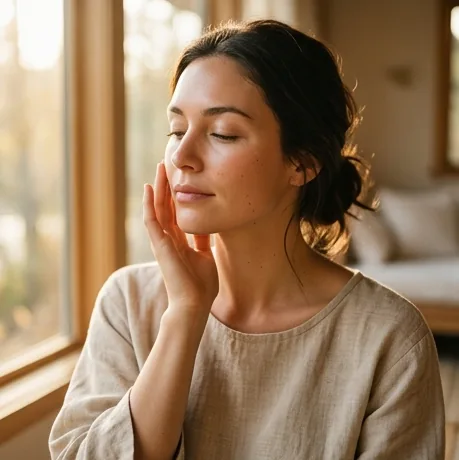 A guest touching her cheek in warm window light