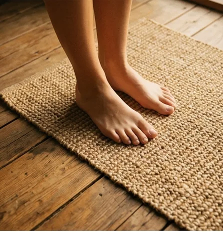 Bare feet on a woven mat on a warm wooden floor