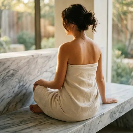 A guest wrapped in linen resting on a marble bench