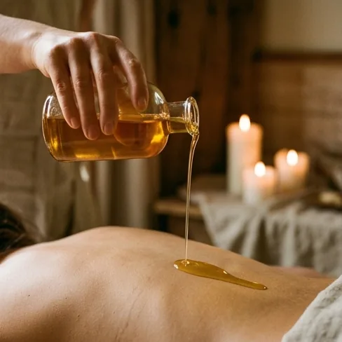 Warm oil poured from a plain glass bottle onto a guest's back