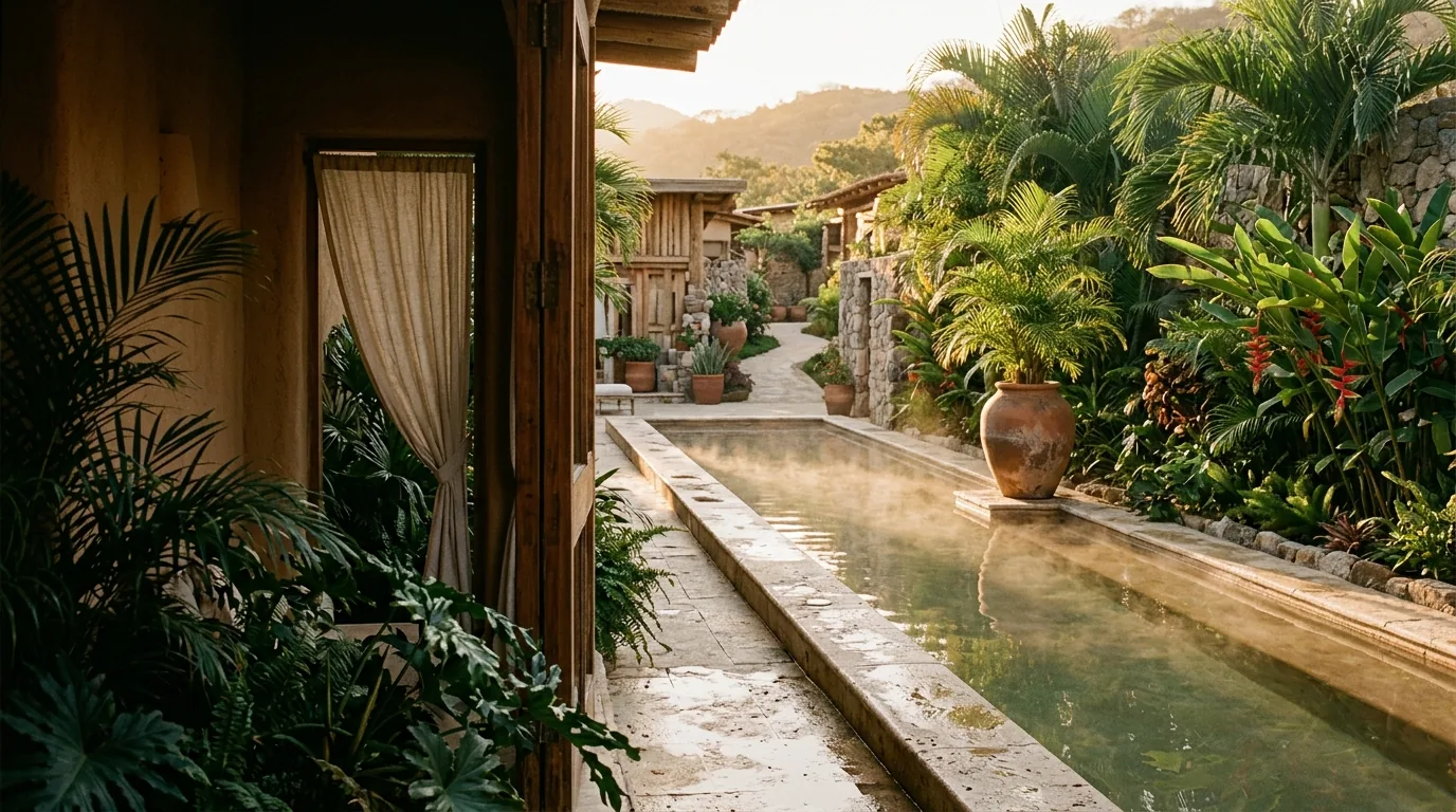 A long steaming mineral pool edged in stone, with a clay urn and palms in late sun