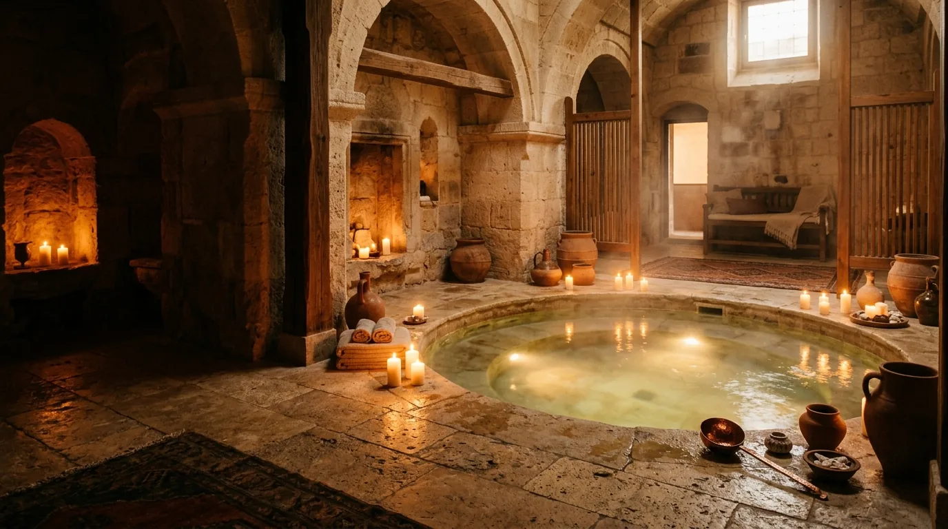 A candlelit stone bath hall with a round sunken pool