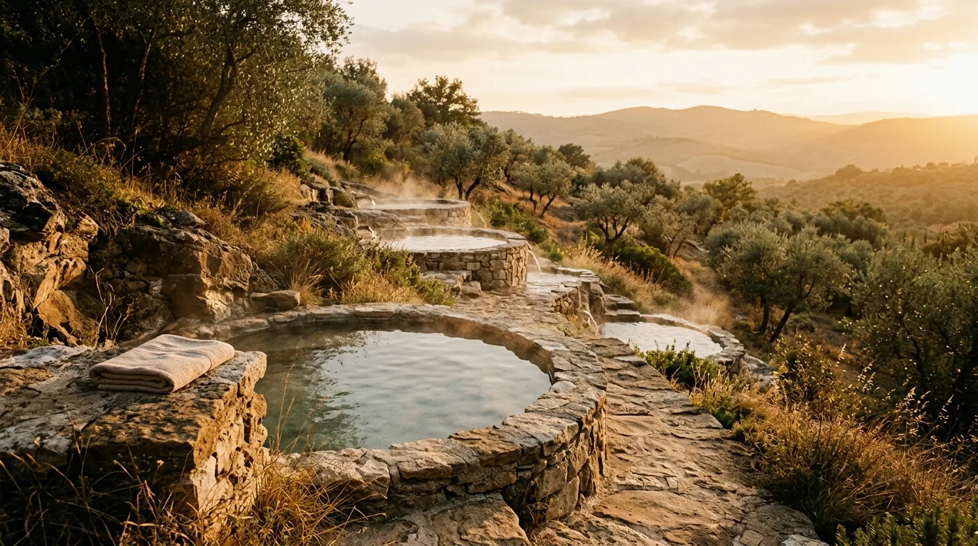 Terraced hot spring pools on a hillside at golden hour