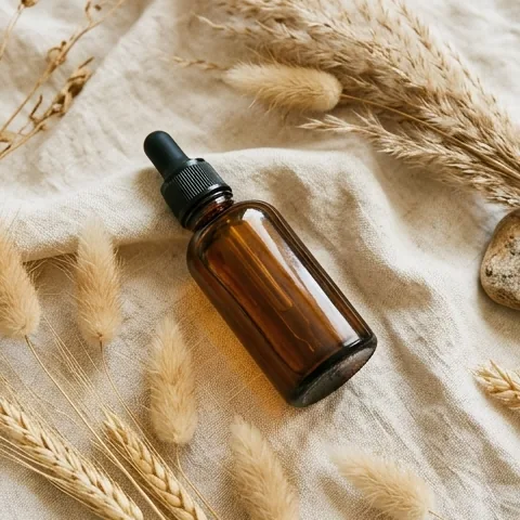 A plain amber dropper bottle on cream linen with dried grass