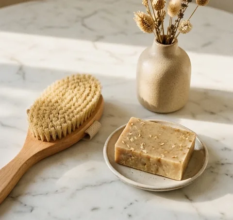 A wooden body brush and a bar of oat soap on marble