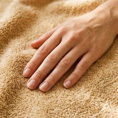 A relaxed hand resting on a warm towel