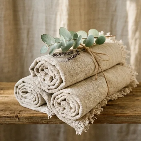 Rolled linen towels tied with eucalyptus