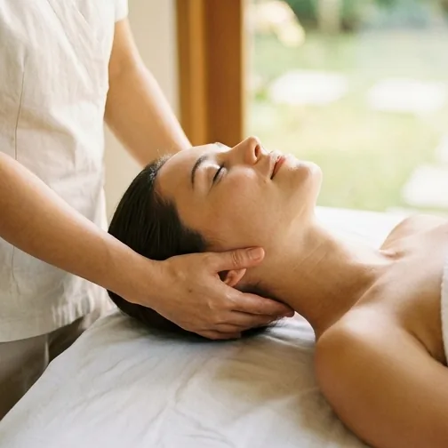 A therapist cradling a relaxed guest's head and neck during a massage