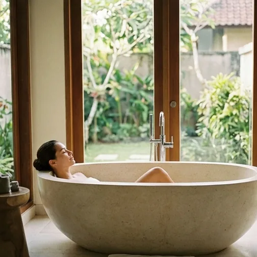 A guest relaxing in a stone tub by a garden window