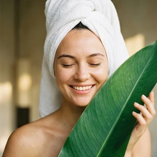 A smiling guest in a towel turban holding a large leaf