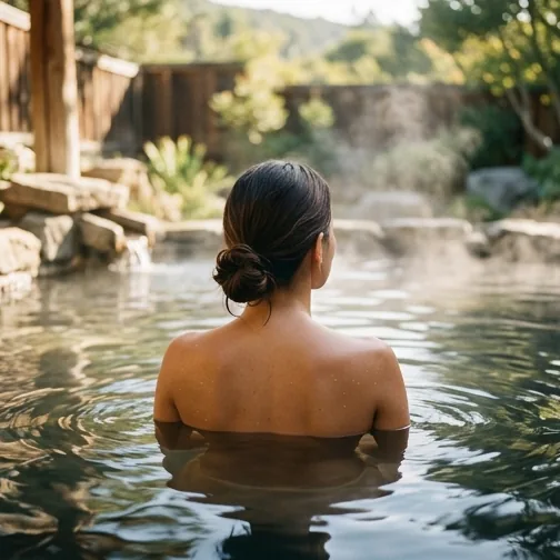 A guest seen from behind, sitting in a steaming mineral pool