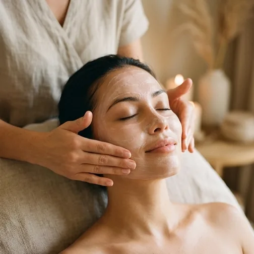 A guest with eyes closed during a gentle cream facial