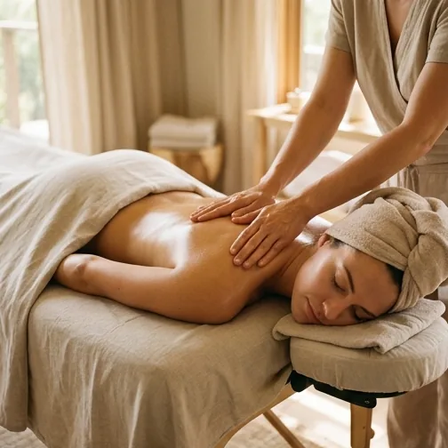 A guest resting face down while a therapist works warm oil across her back
