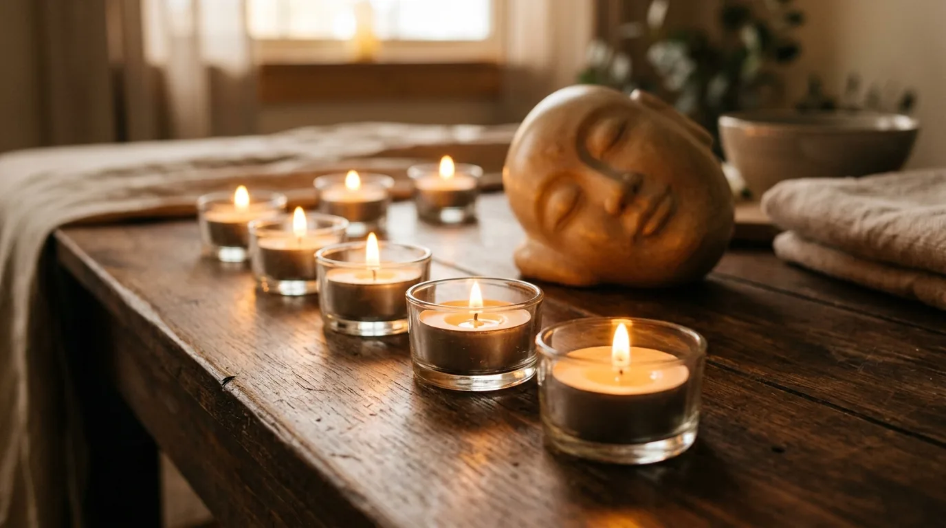 Tea lights glowing on a walnut table beside a carved stone face