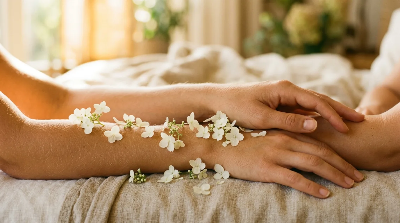 Two relaxed forearms scattered with small white blossoms