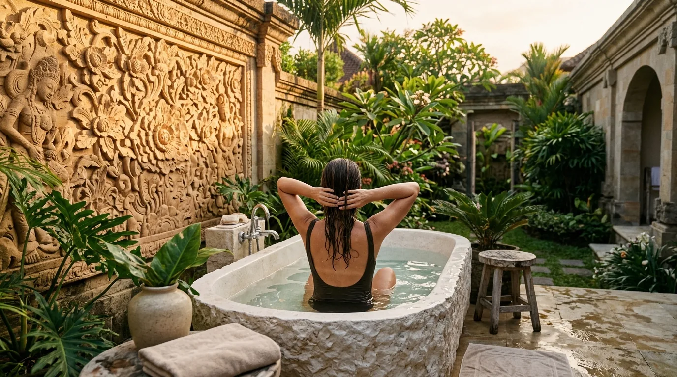 A guest resting in a stone tub in an open air courtyard