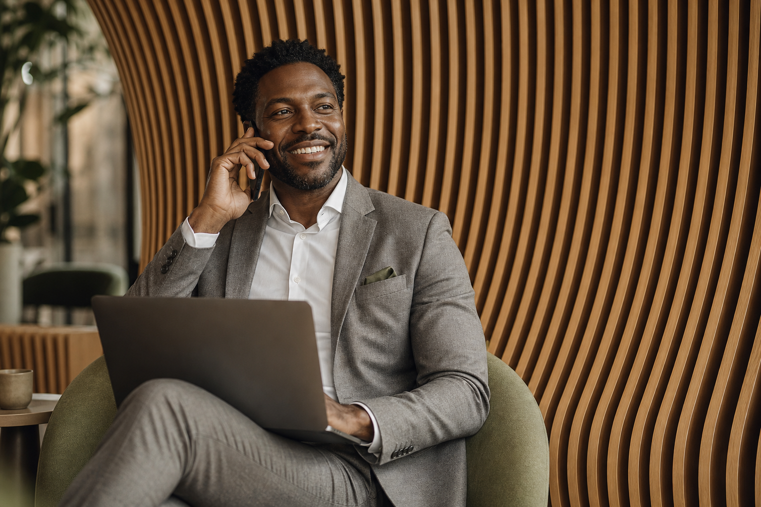 A consultant talking on the phone in a warm, wood-lined office