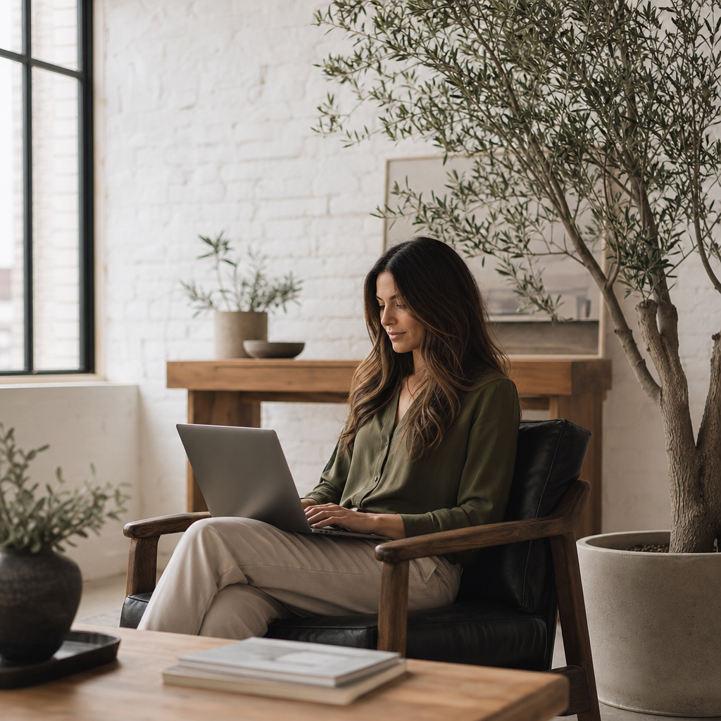 An advisor working at a laptop beside a plant