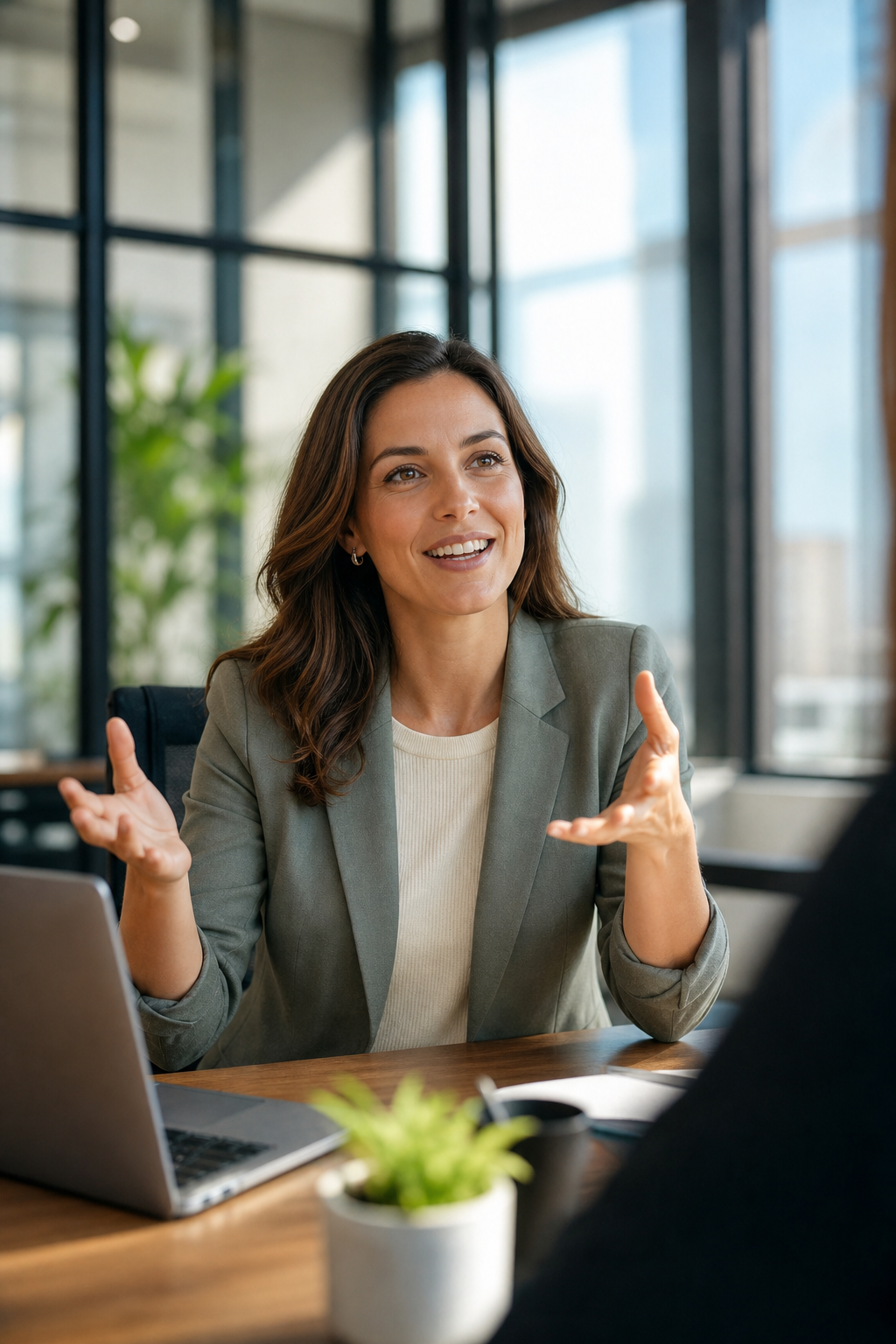 An advisor mid-conversation in a bright office
