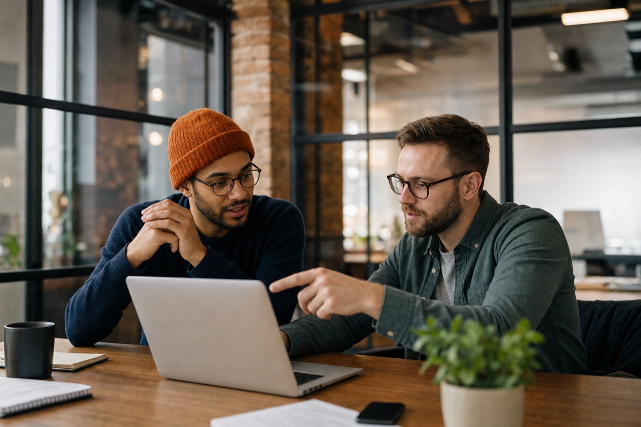 Two IT consultants collaborating at a laptop in a modern office