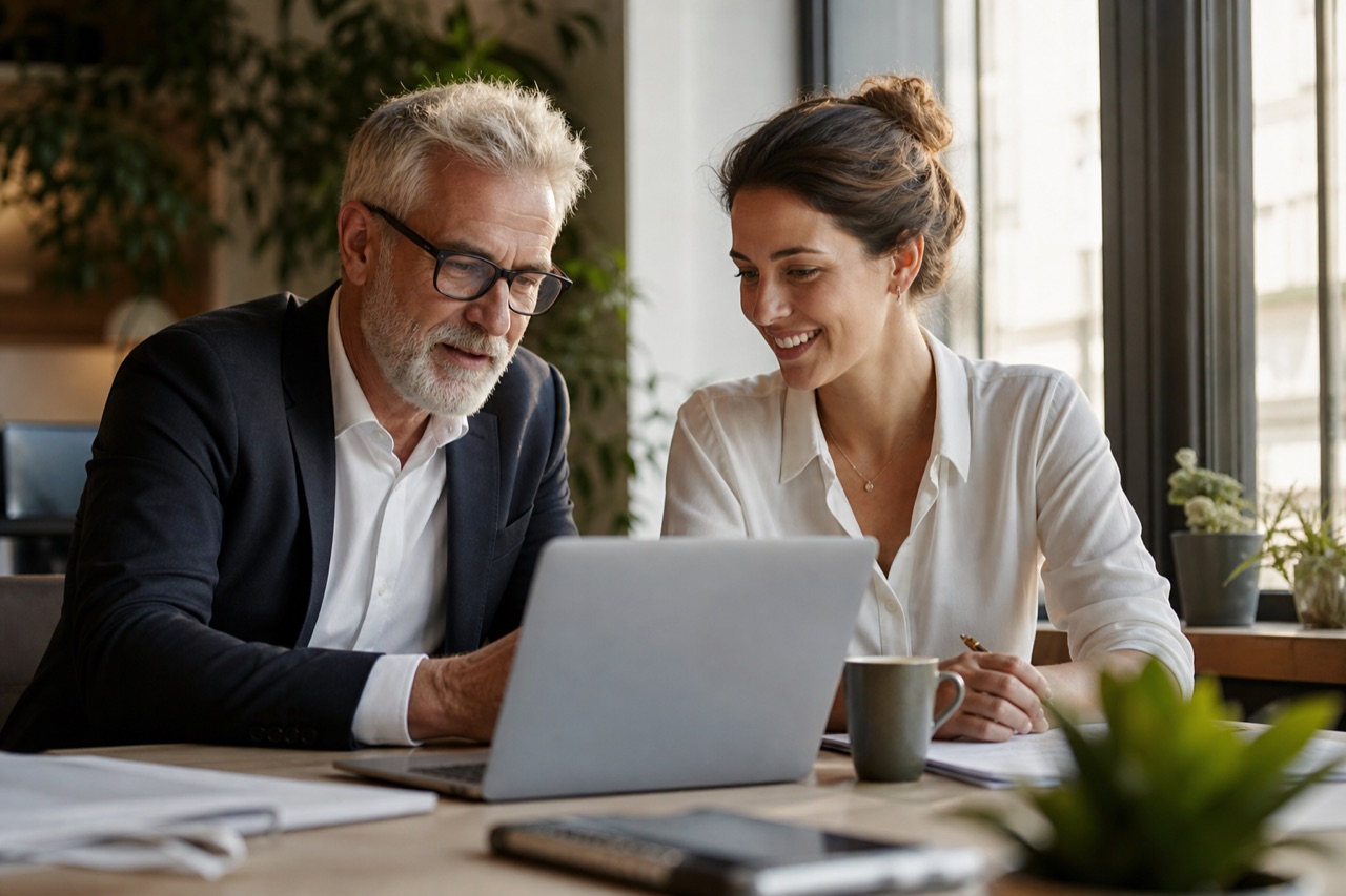 Consultant reviewing work at a laptop