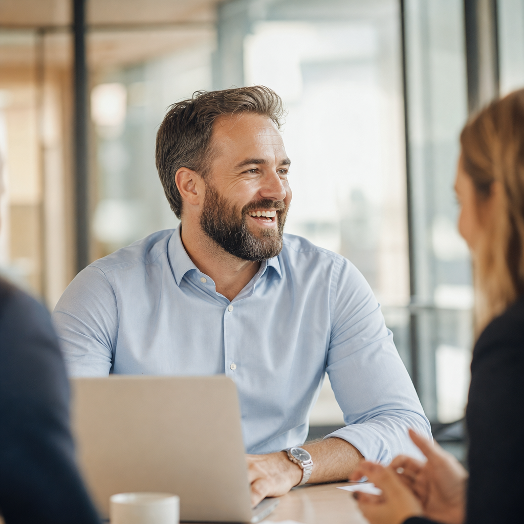 A strategist laughing in a client meeting