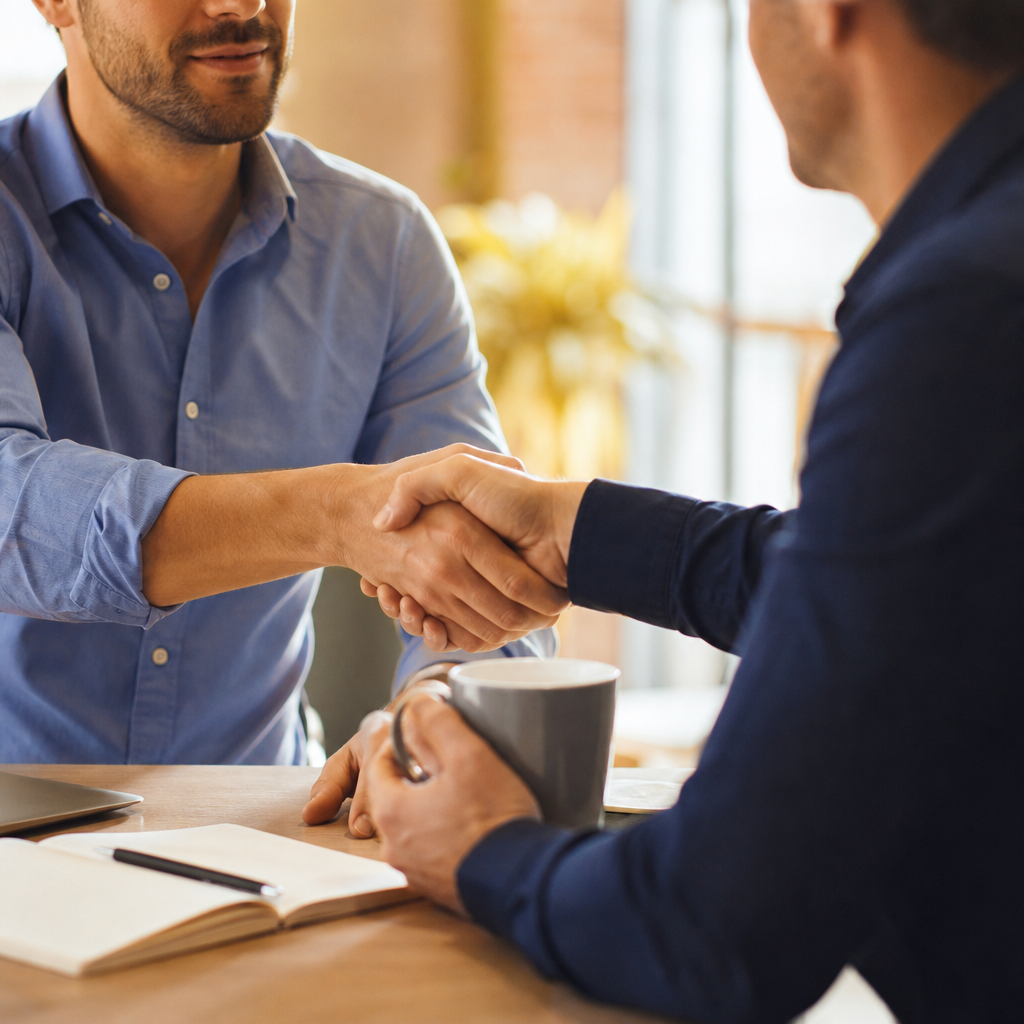 Two colleagues shaking hands over a coffee