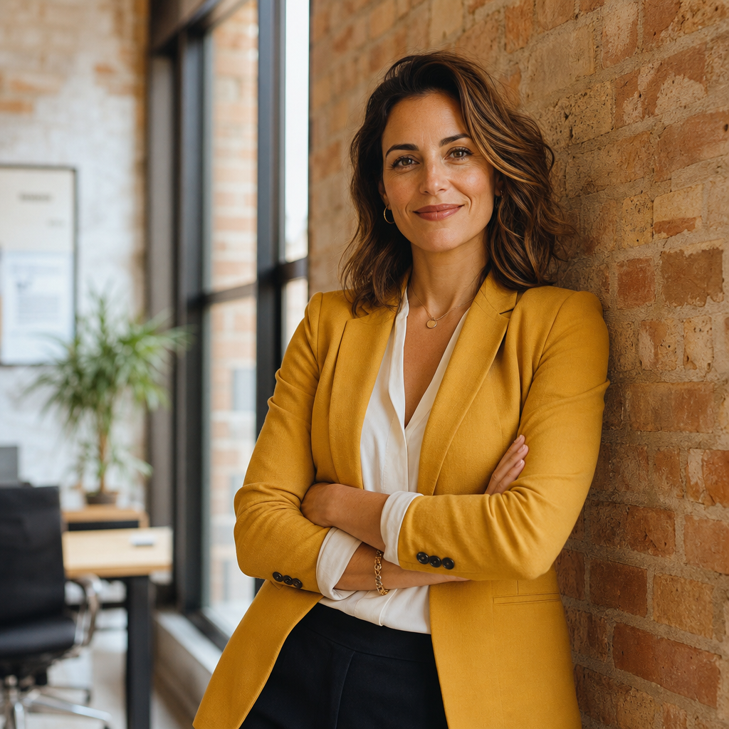 A tax advisor in a mustard blazer in a warm brick office