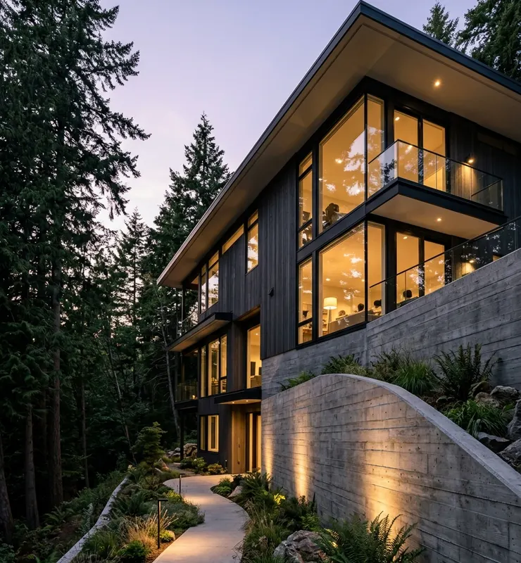 Modern hillside home lit at dusk