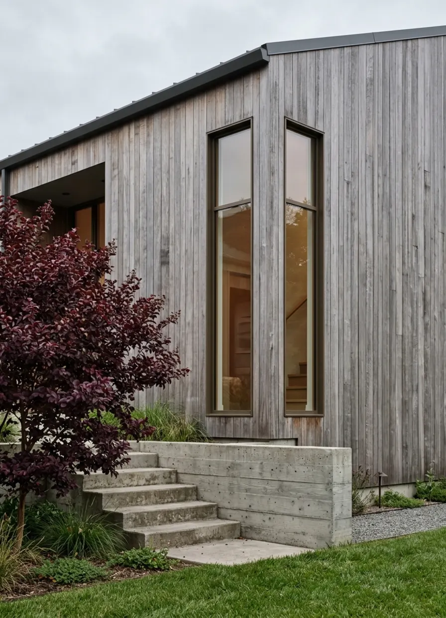 Weathered cypress siding and a crape myrtle beside a modern home