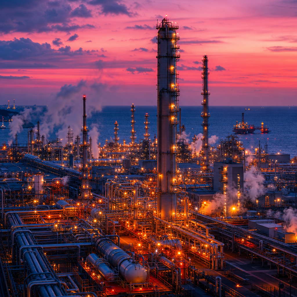 Refinery towers at dusk