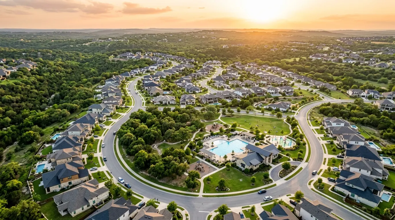 Aerial view of a Sable Ridge community at golden hour