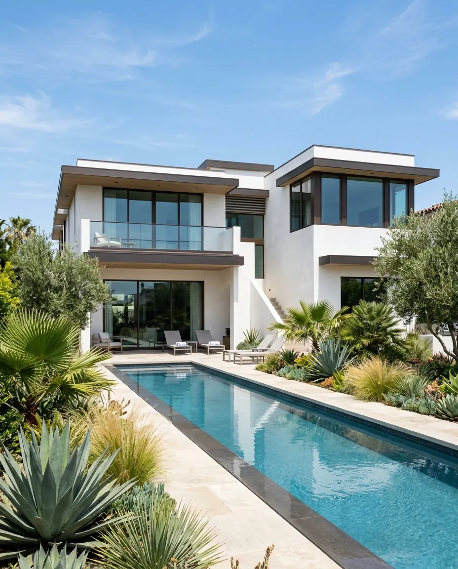 A white two-story Sable Ridge home with a lap pool