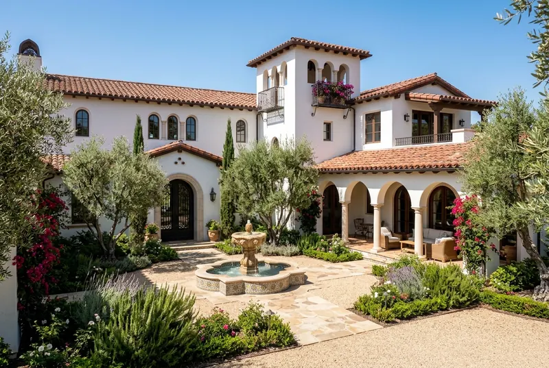 Spanish-revival villa with a fountain courtyard